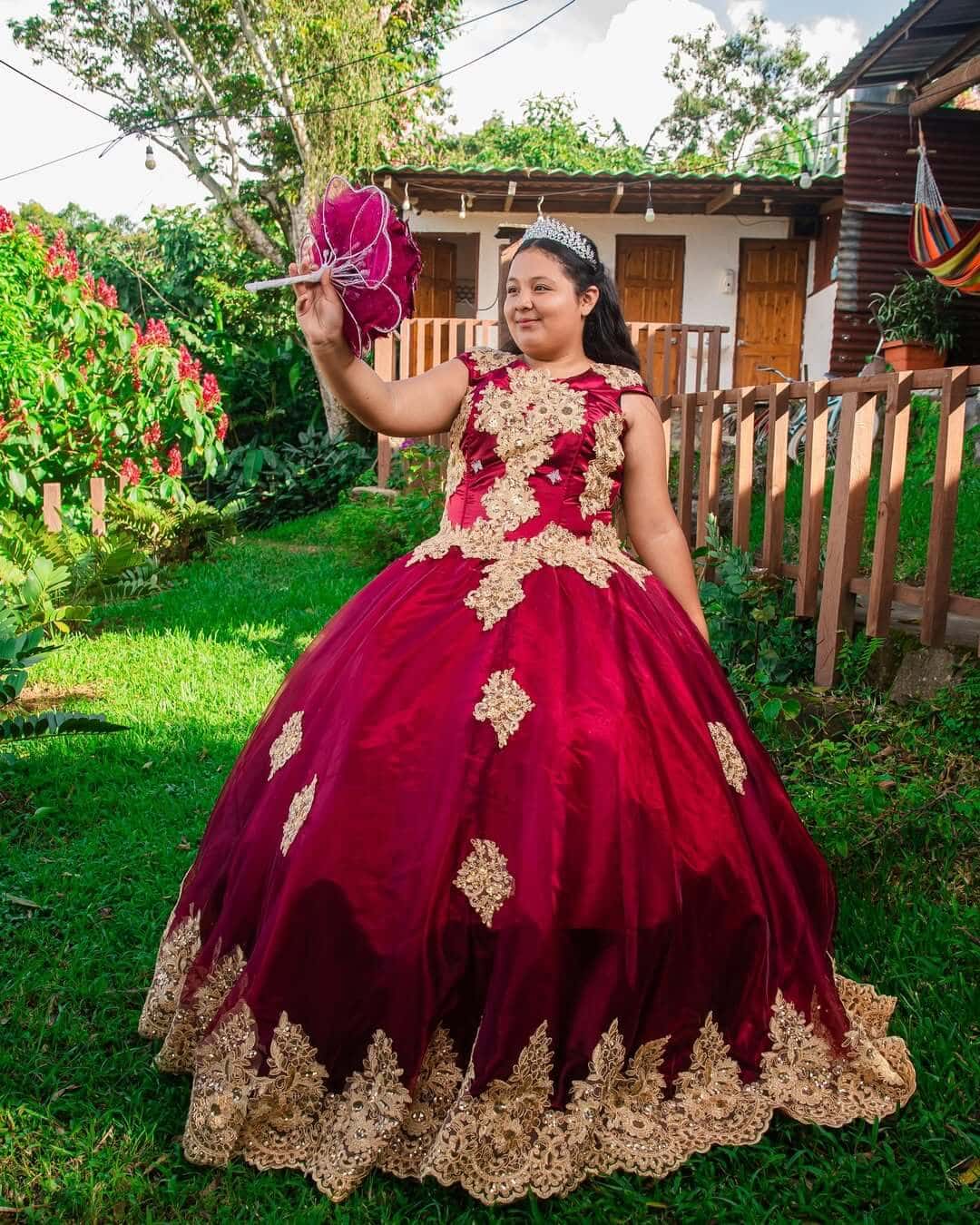 Girls Dark Red Gold Quinceanera Dresses for Sale Sleeveless Mychicdress