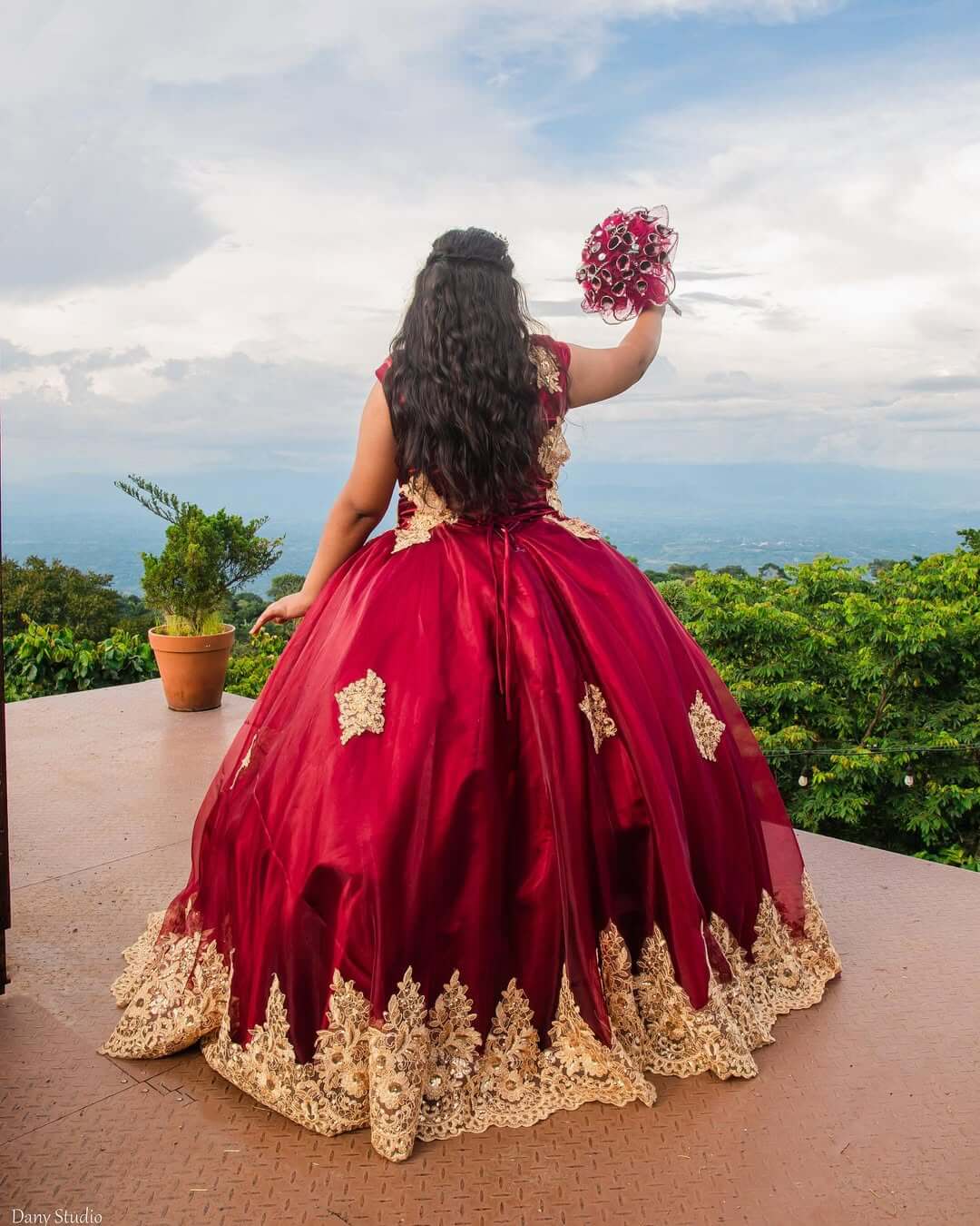 Girls Dark Red Gold Quinceanera Dresses for Sale Sleeveless Mychicdress