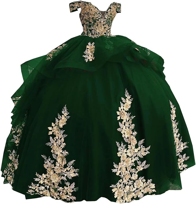 Girls Green  Gold Mexican Quinceanera Dresses 3D Flower Pattern Ball Gowns Mychicdress