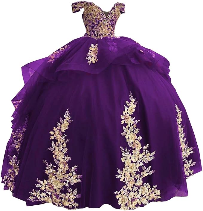 Girls Purple Gold Mexican Quinceanera Dresses 3D Flower Pattern Ball Gowns Mychicdress