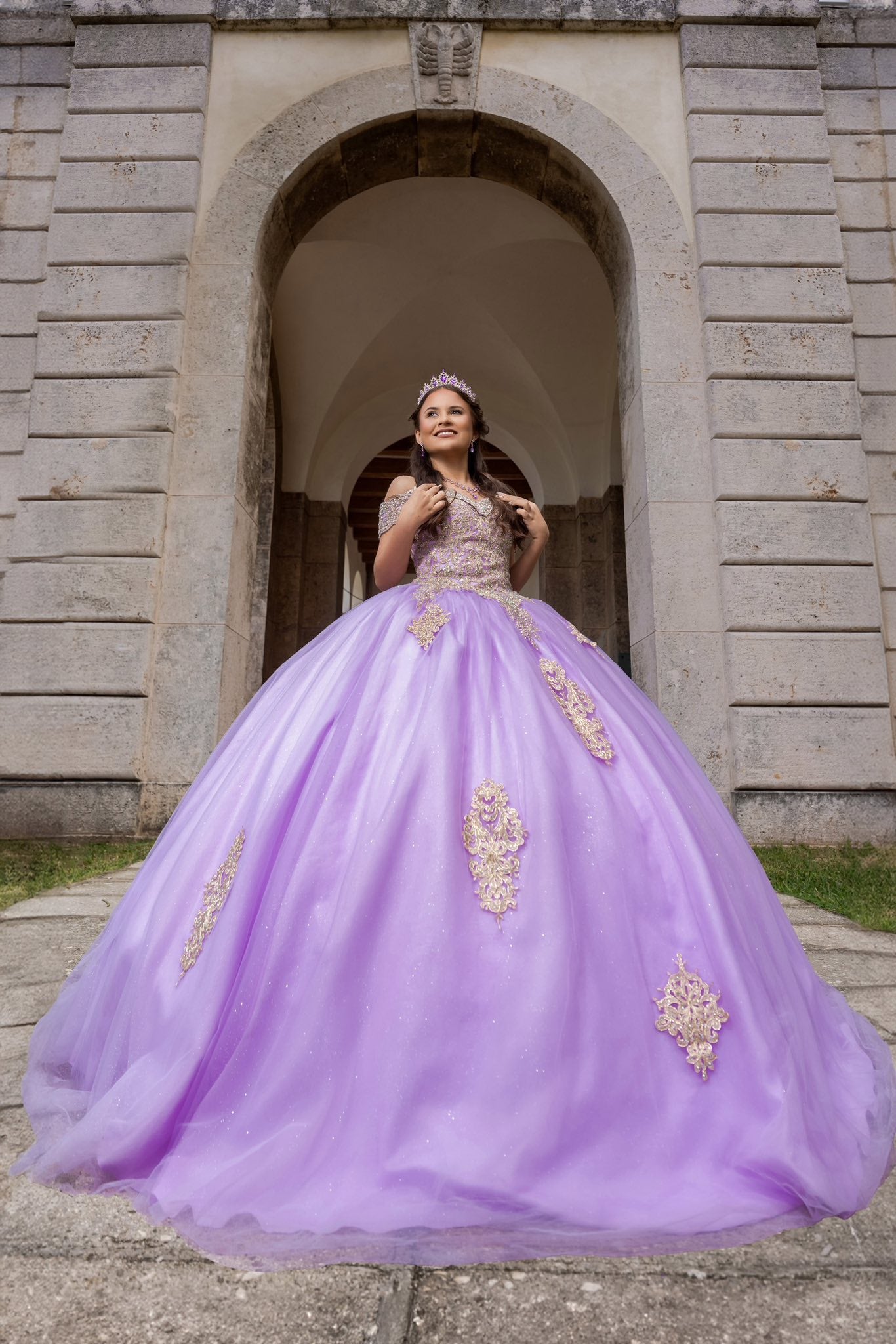 Girls Purple Gold Quinceanera Dress Near Me Off the Shoulder