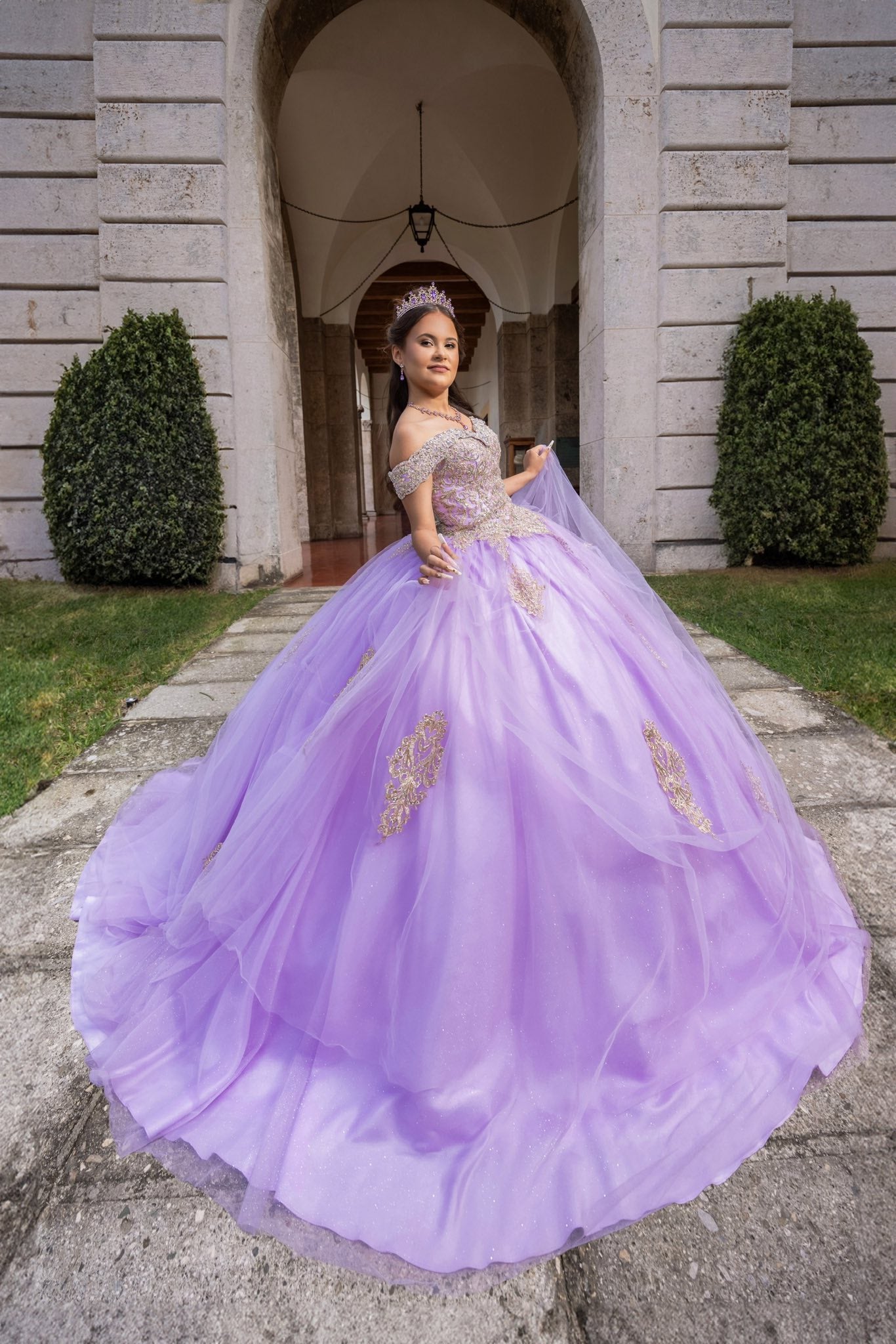 Girls Purple Gold Quinceanera Dress Near Me Off the Shoulder Mychicdress
