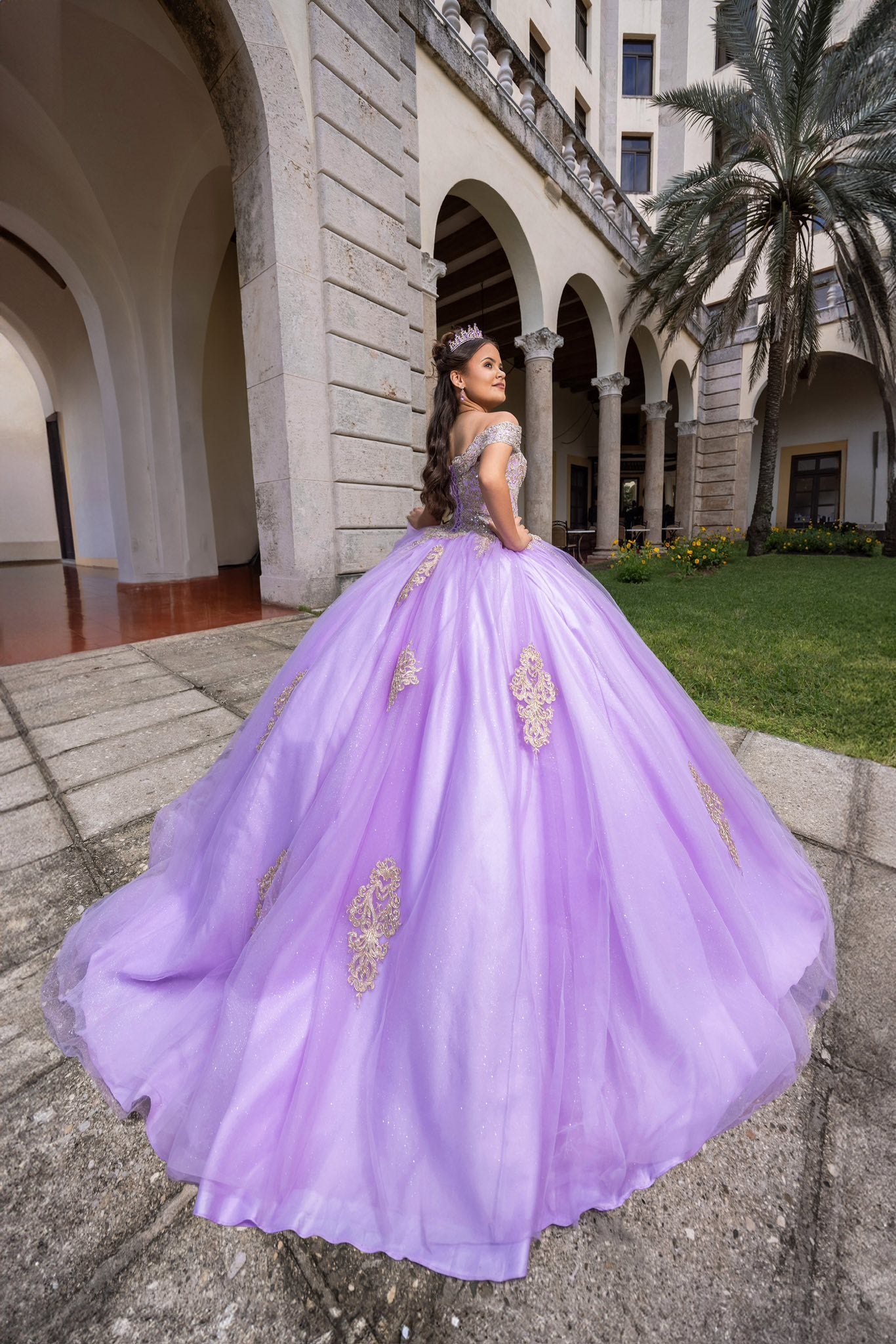 Girls Purple Gold Quinceanera Dress Near Me Off the Shoulder Mychicdress