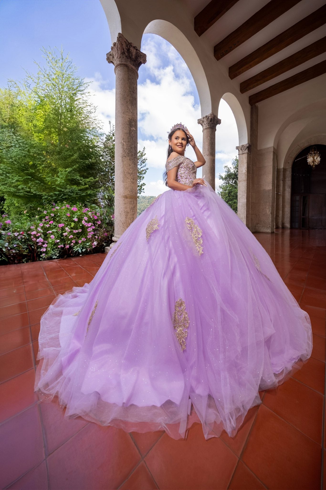 Girls Purple Gold Quinceanera Dress Near Me Off the Shoulder