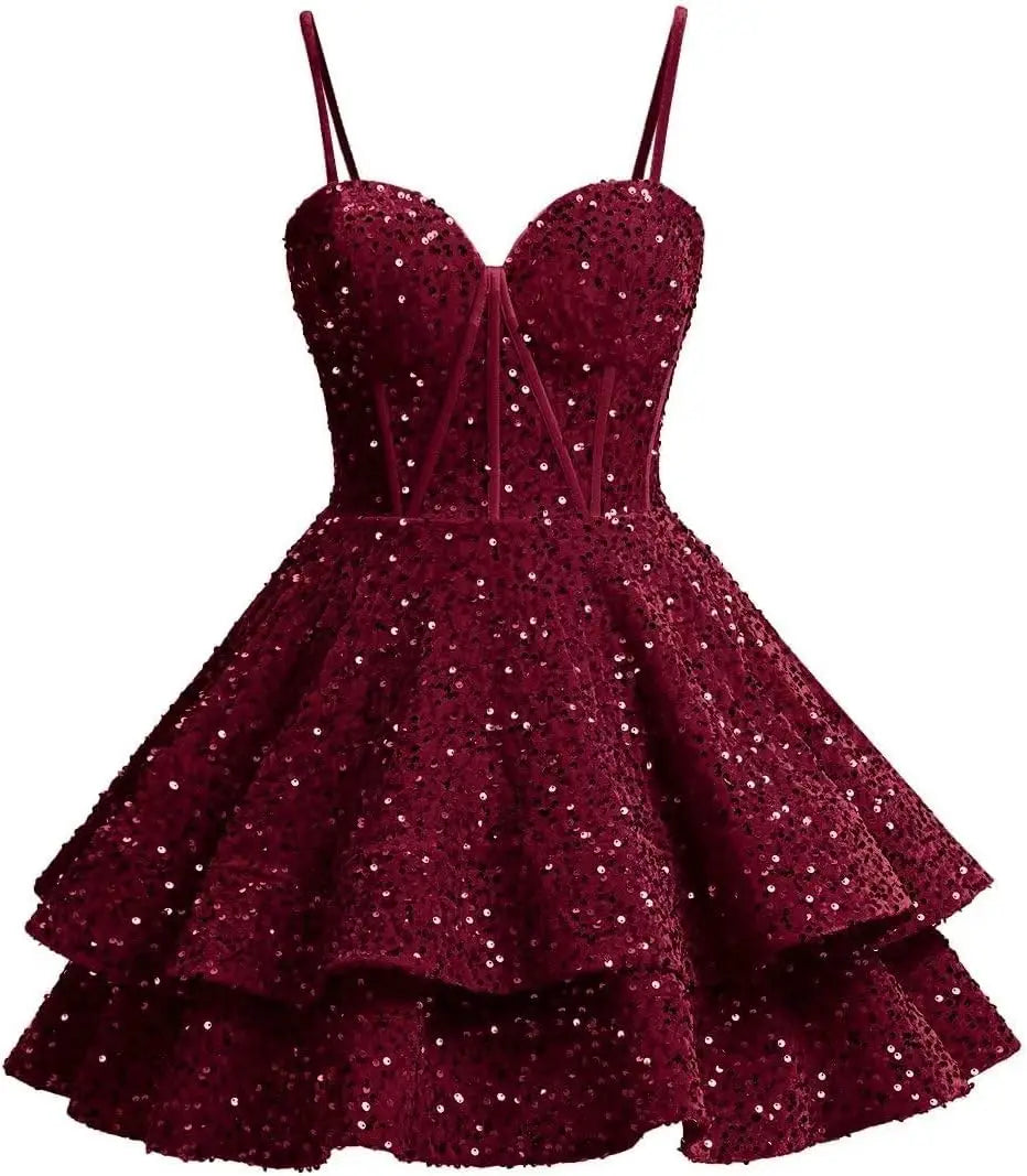 Girls Sequin Red Homecoming Dresses Corset Tiered Cocktail Dress