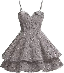 Girls Sequin Red Homecoming Dresses Corset Tiered Cocktail Dress