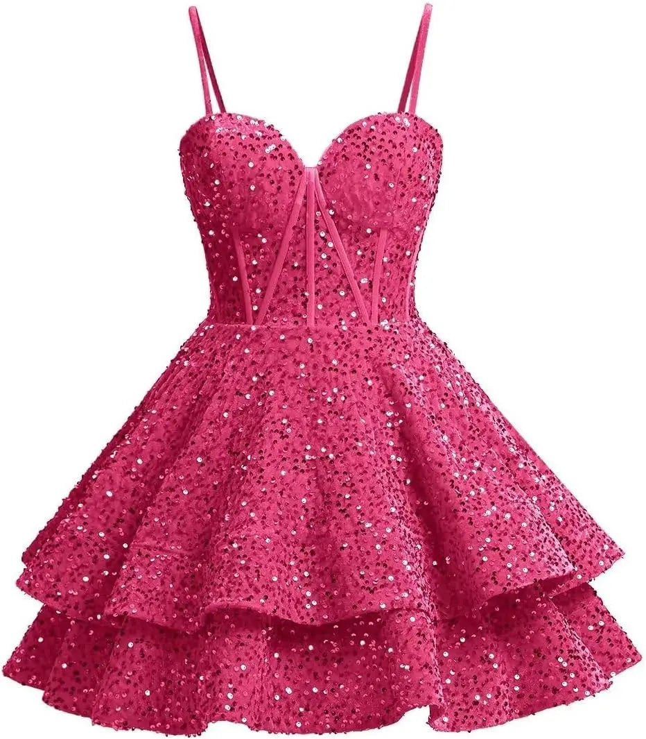 Girls Sequin Red Homecoming Dresses Corset Tiered Cocktail Dress