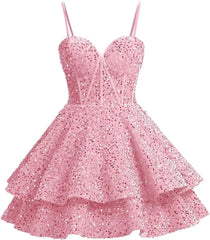 Girls Sequin Red Homecoming Dresses Corset Tiered Cocktail Dress