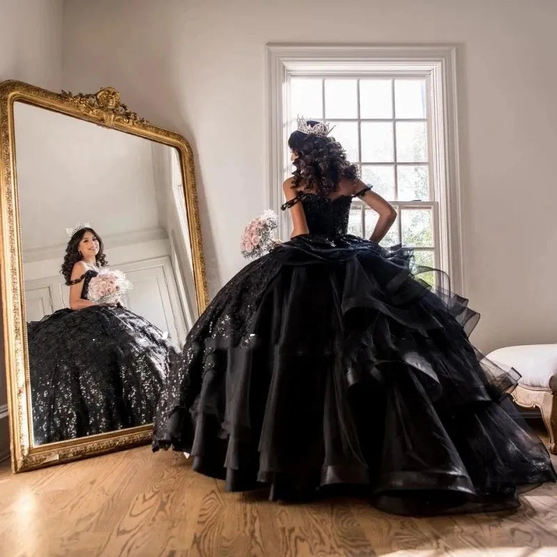 Glitter Black Quinceanera Dresses Gothic Vestido De 15 Anos Sequin Ruffles