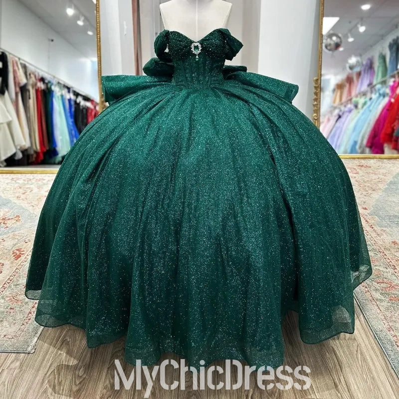 Glitter Emerald Green Off Shoulder Quinceanera Dresses Ball Gown Mychicdress