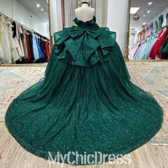 Glitter Emerald Green Off Shoulder Quinceanera Dresses Ball Gown Mychicdress