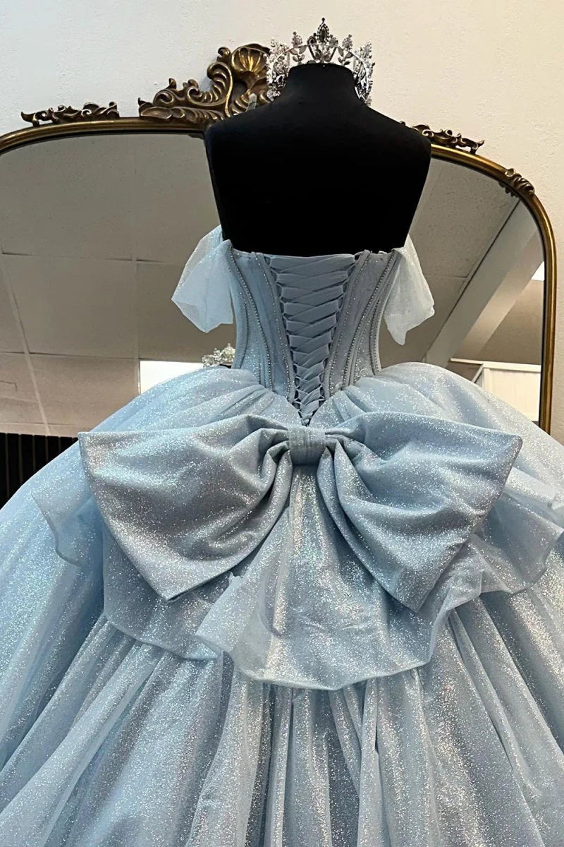Glitter Light Blue Quinceanera Dress Corset Off the Shoulder 15 Dress with Bow Mychicdress