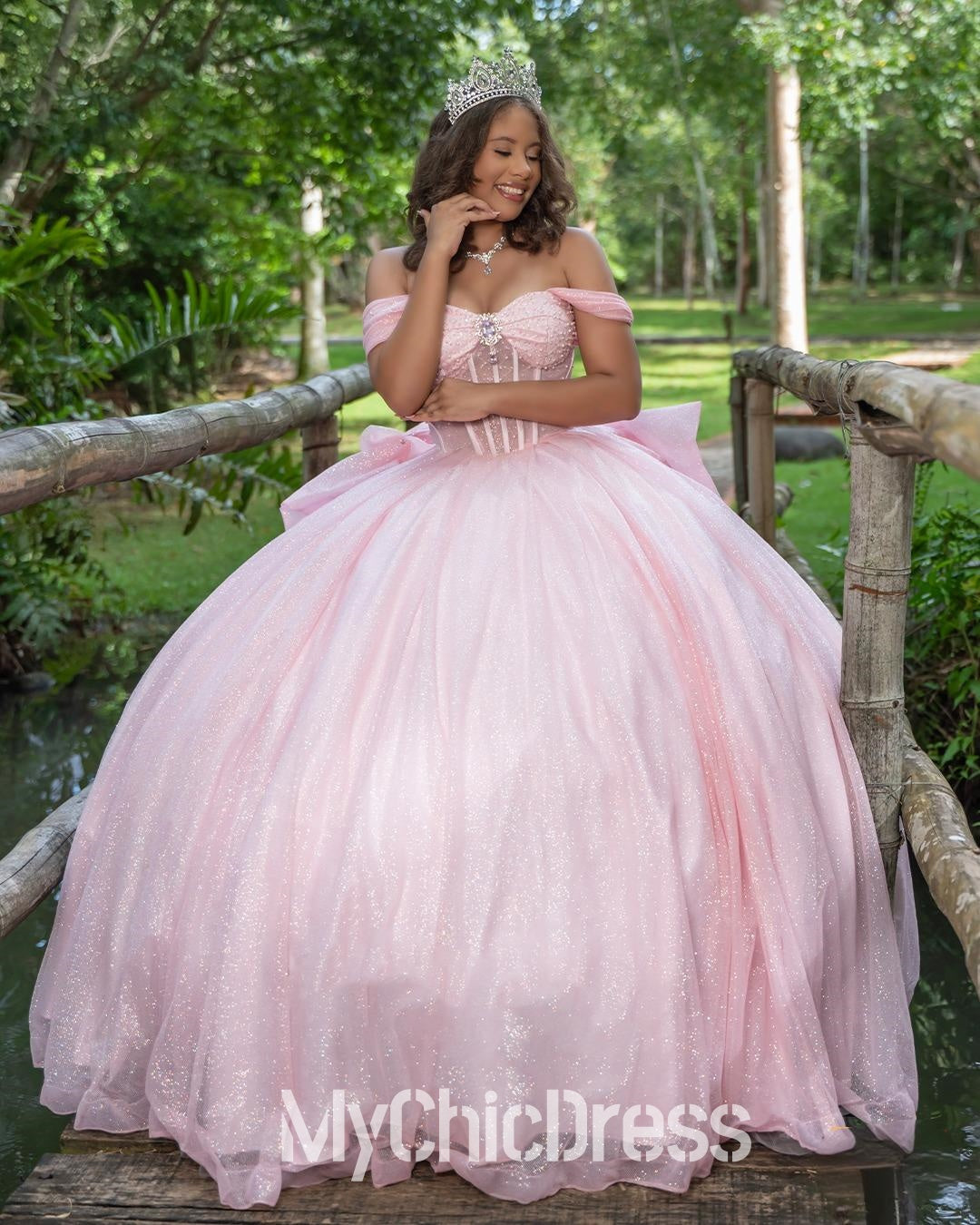 Glitter Pink Quinceanera Dress Near Me Beaded Off Shoulder with Bow