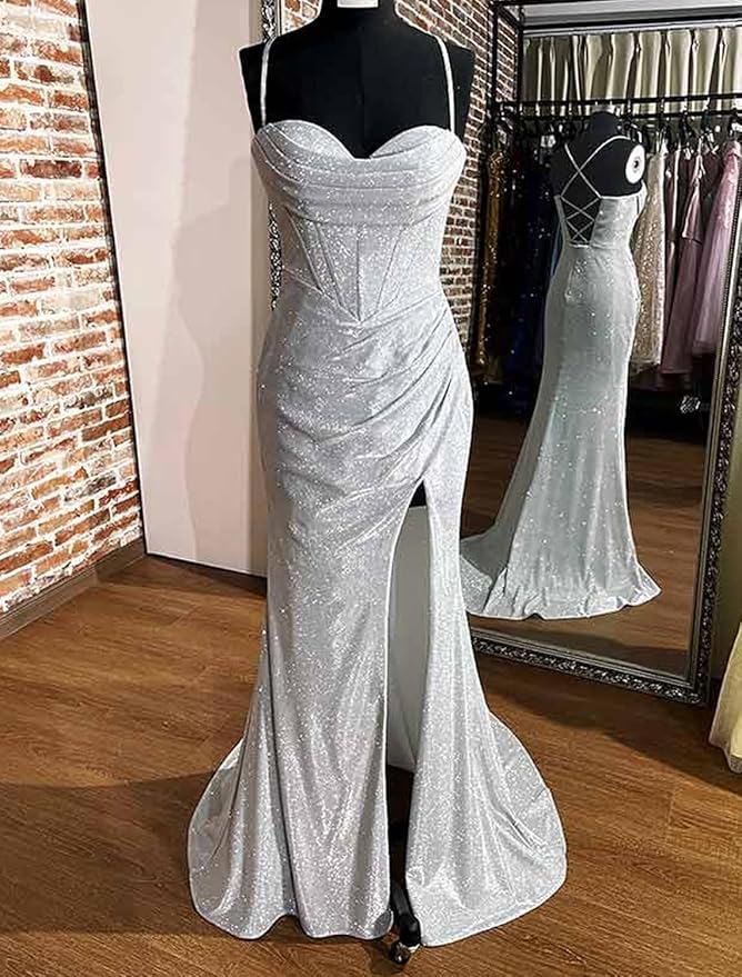 Glitter Silver Prom Dress Sparkle Evening Dress Sweetheart with Pleats