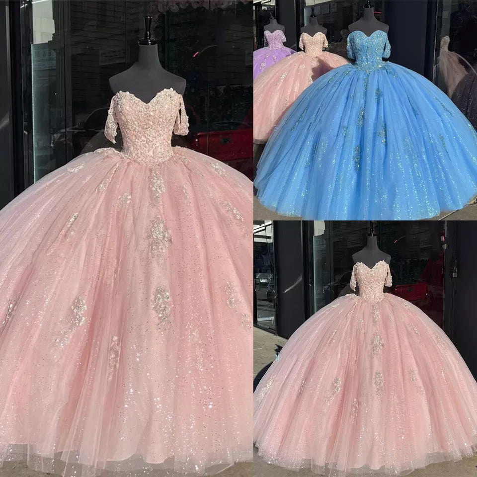 Glitter Sky Blue Quinceanera Dresses Lace Bead XV Vestidos De 15 Anos