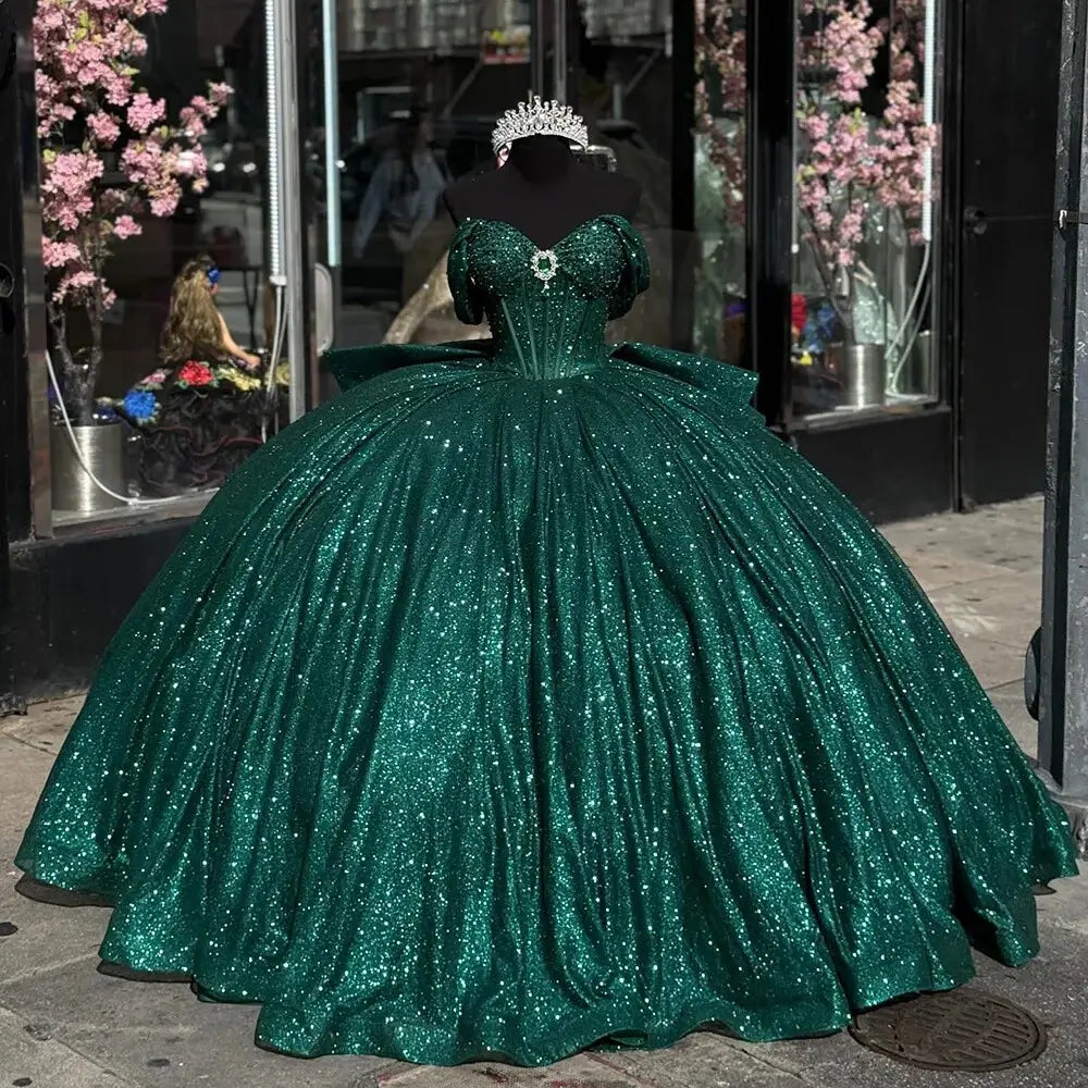 Green sparkly evening gown Glitters Quinceanera Dresses Off Shoulder Sweet 16 Party Gowns