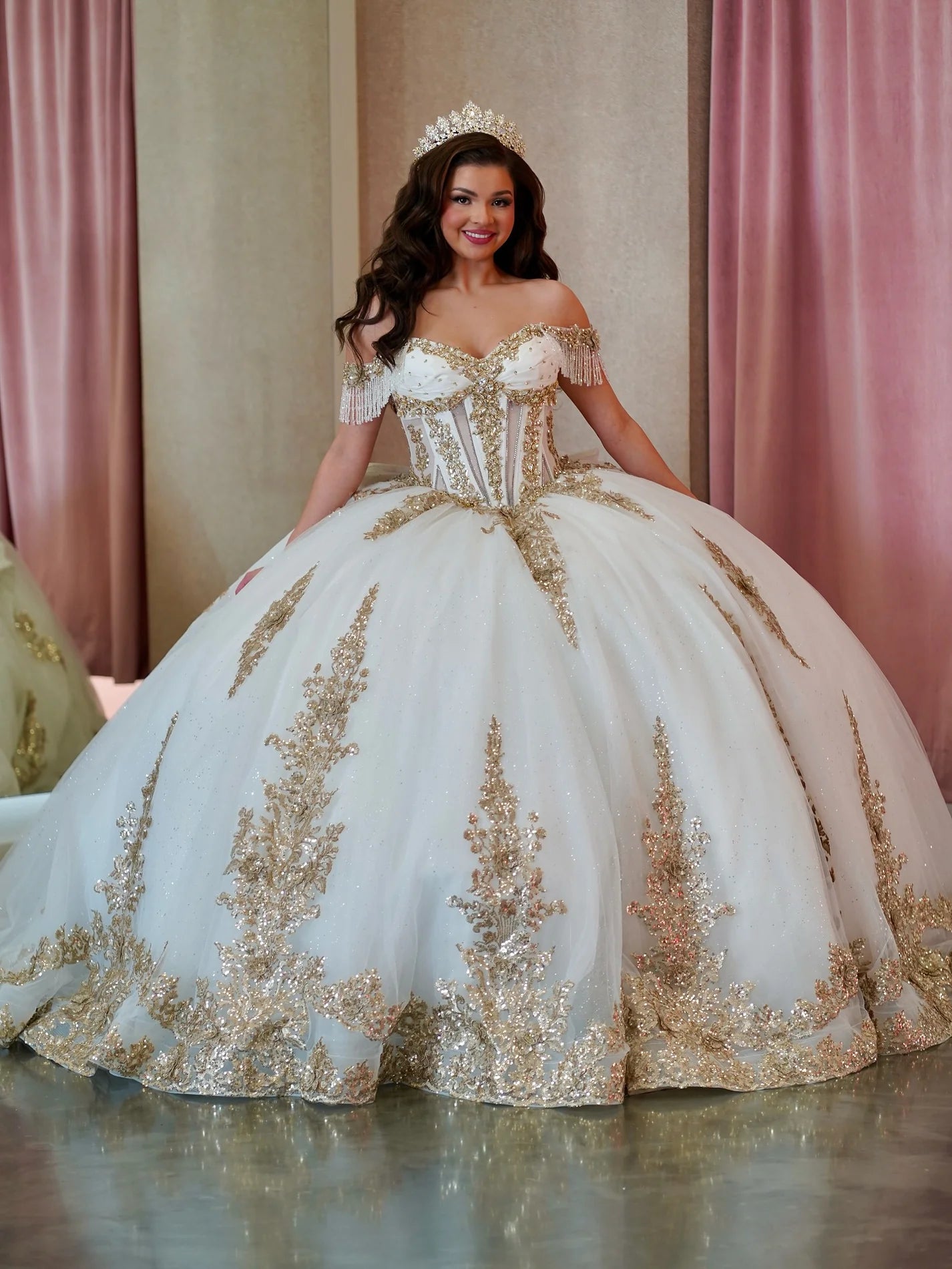 white and gold quinceañera dress