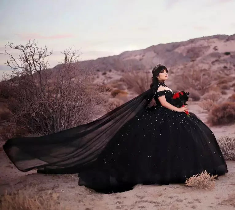 Gorgeous Black Gothic Quinceanera Dress Beaded Crystals With Cape