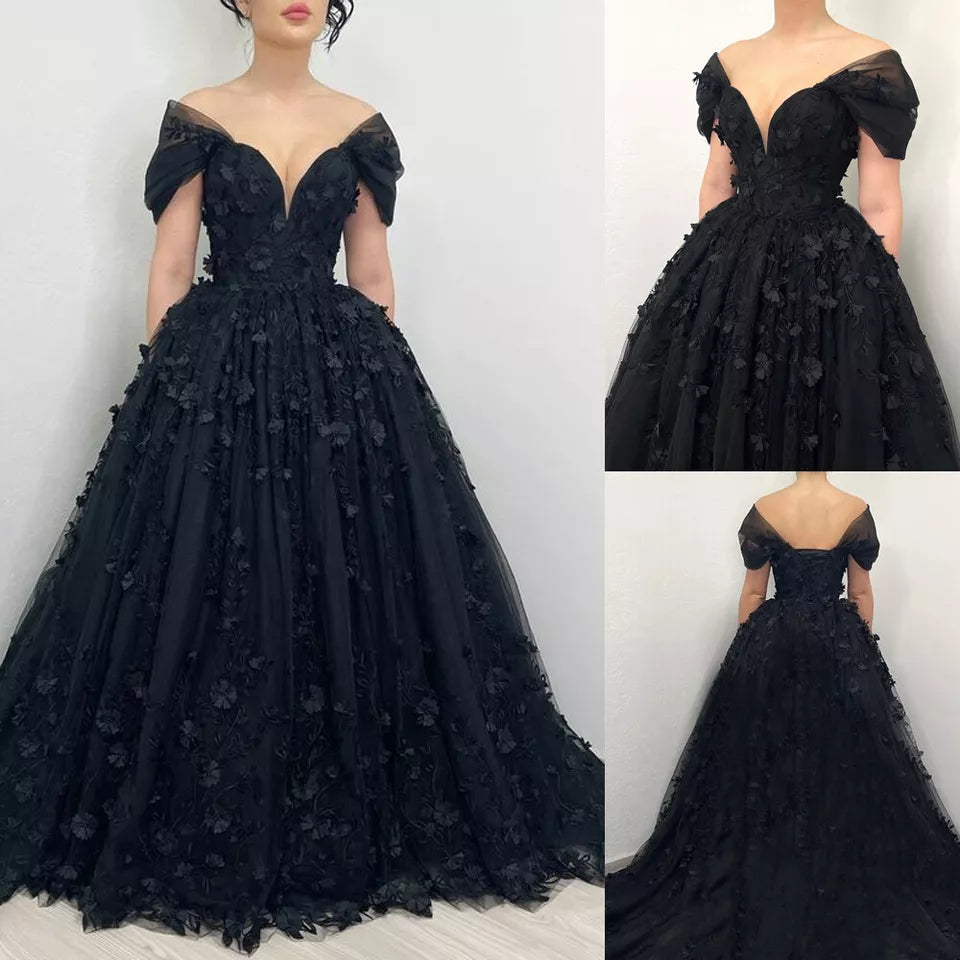 Gorgeous Black Wedding Dress Corset 3D Flower A-line Gothic Bridal Gowns Mychicdress