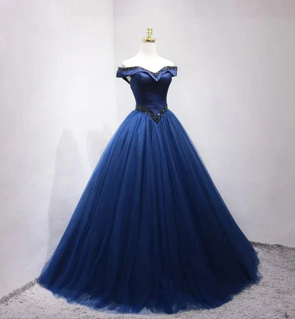navy blue Quinceanera Dresses Off the Shoulder with Beadings Mychicdress