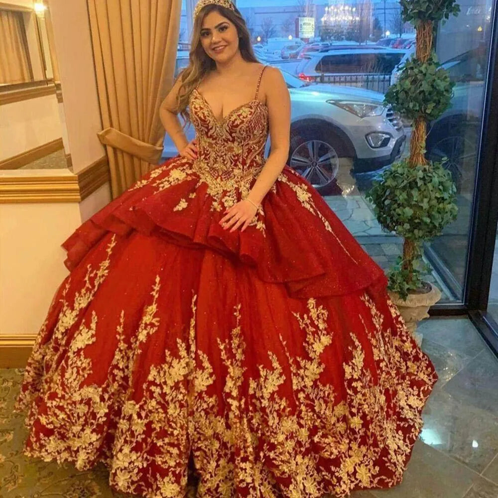Gorgeous Sweetheart Wine Red Quinceanera Dress With Gold Lace Applique Mychicdress