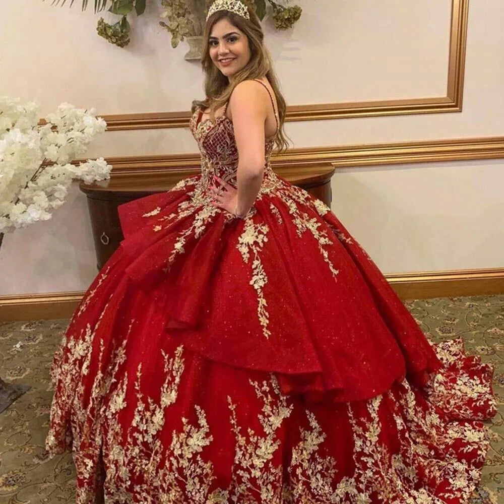 Gorgeous Sweetheart Wine Red Quinceanera Dress With Gold Lace Applique Mychicdress