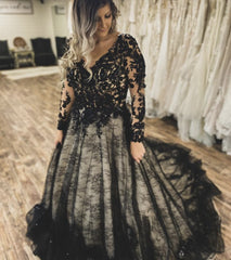 Gothic Wedding Dresses Black Lace V Neck Long Sleeves Bridal Gown