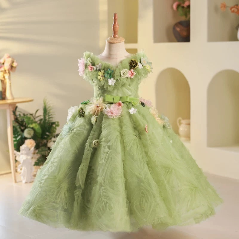 Green Elf Forest Flower Birthday princess Flower Girl Dress Mychicdress