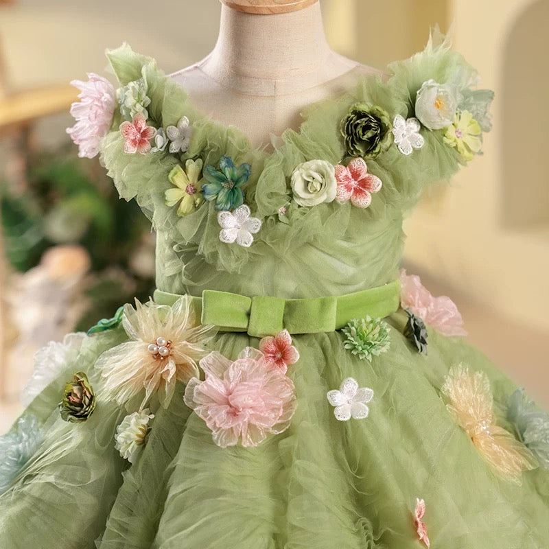 Green Elf Forest Flower Birthday princess Flower Girl Dress