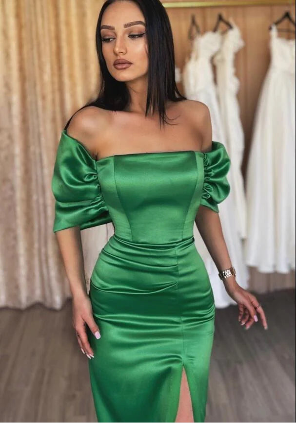 Green Evening Dress Off-Shoulder Satin Wedding Guest Dress Mychicdress