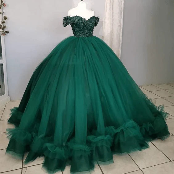 Emerald Green Lace Tulle Quinceanera Dress Off The Shoulder