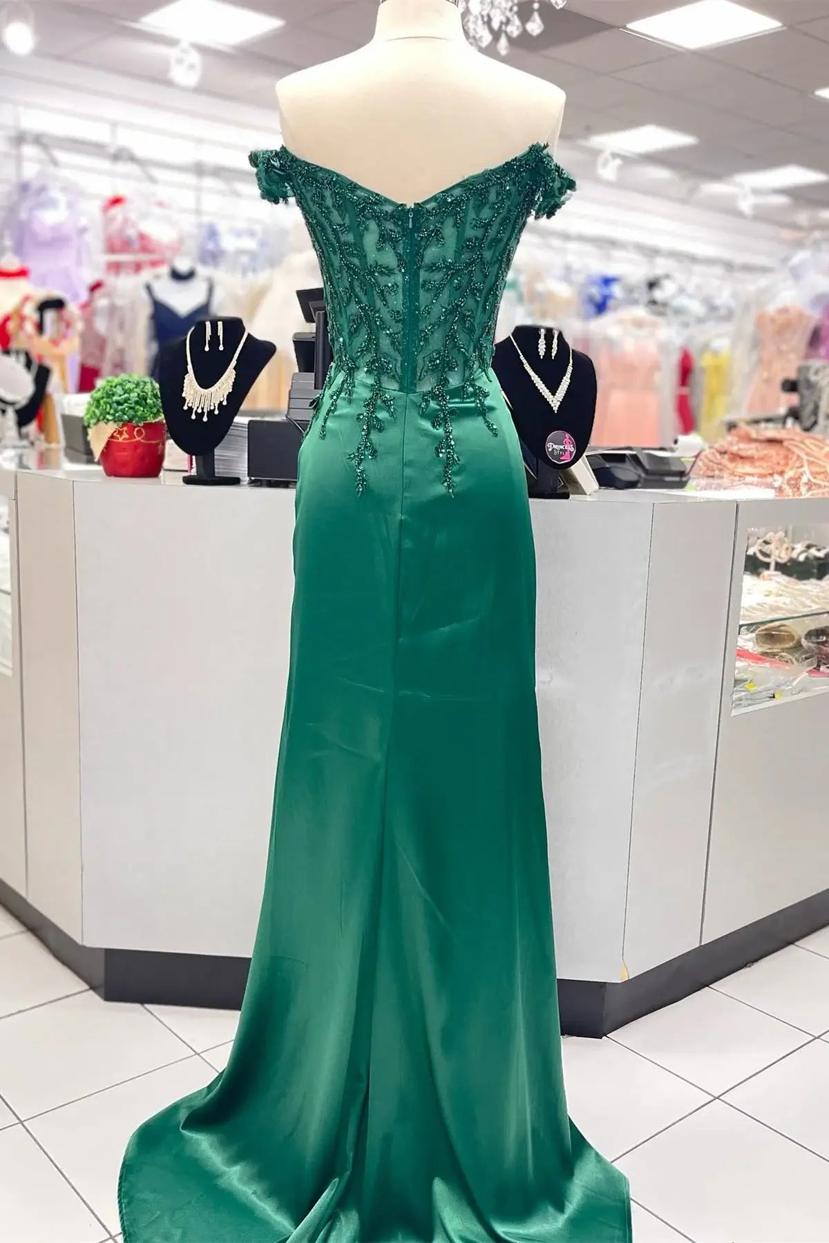 Green Long Evening Dress Off the Shoulder Formal Dress Beaded