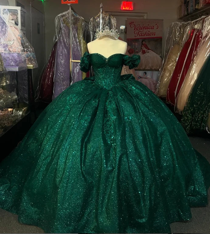 Glitter Green Quinceanera Dresses Off Shoulder XV Sweet 15 Party Gowns