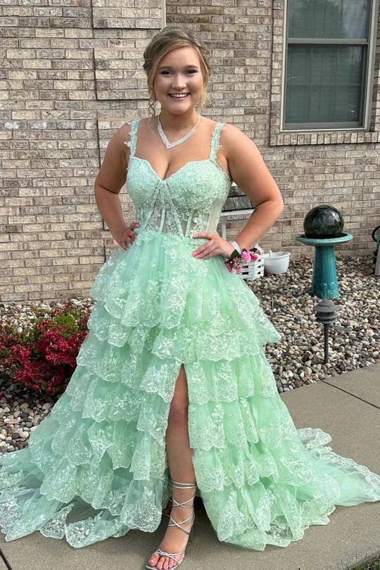 A Line green Prom Dresses Tiered Sequins Off the shoulder