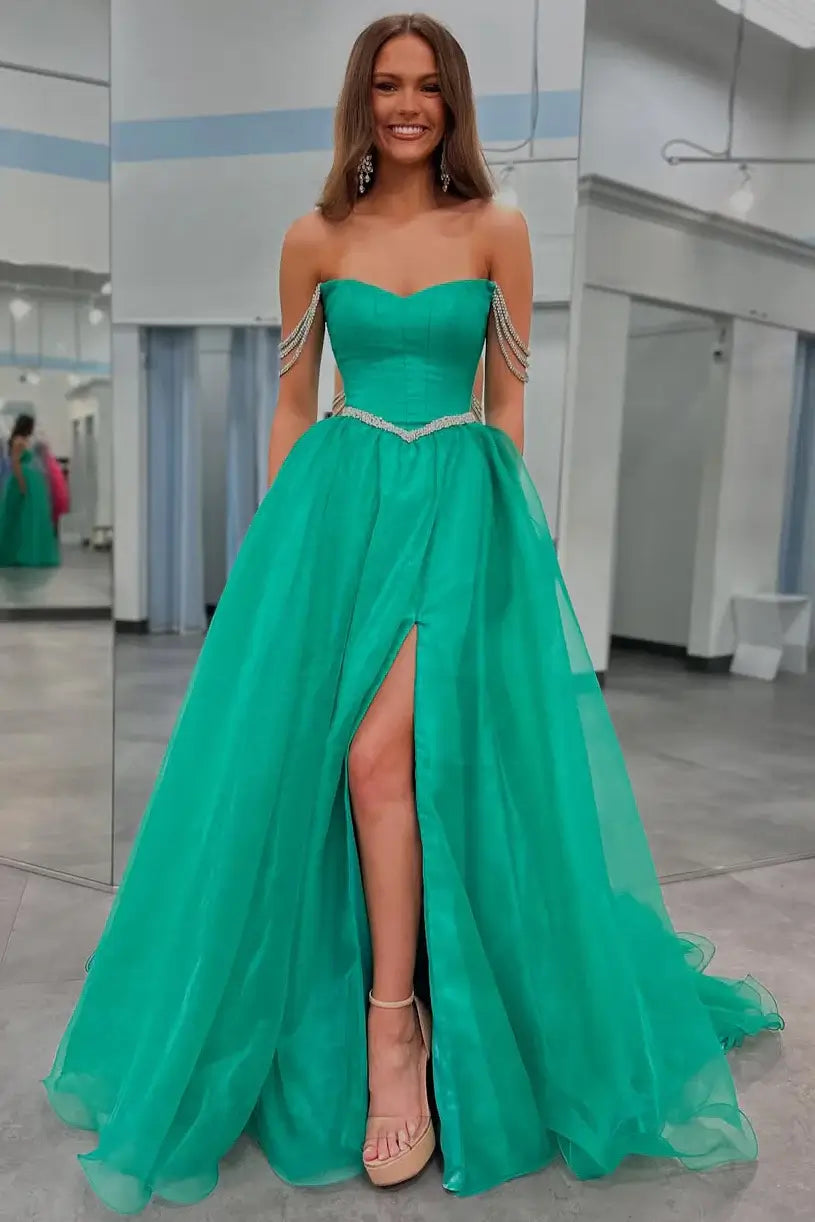 Green Tulle Prom Dresses Corset Evening Gowns Off Shoulder Beaded