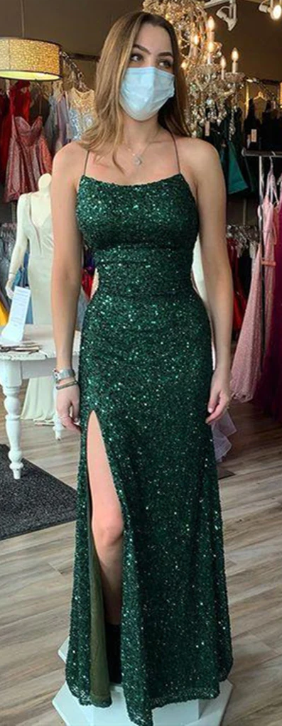 Simple Spaghetti Straps Dark Green Sequin Prom Dresses Mermaid - MyChicDress