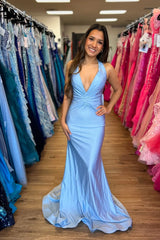 Halter Light Blue Ruched Maxi Guest Dress Satin V Neck Mychicdress