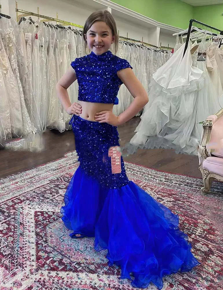 High Neck royal blue Two Pieces Sequin Girl Pageant Dress Cap Sleeves Mychicdress