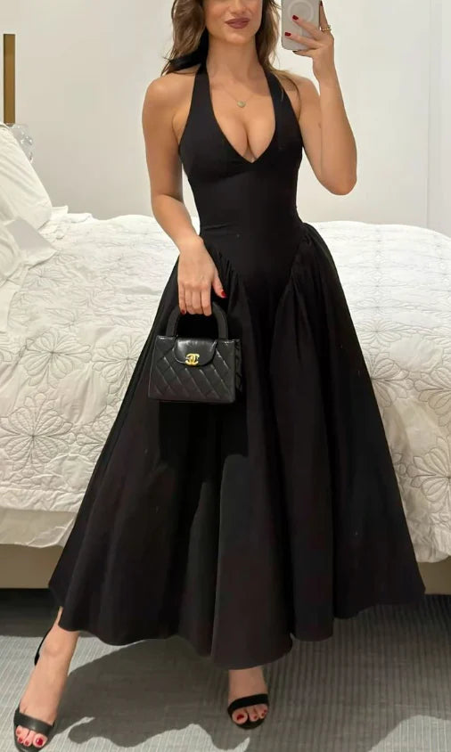 Hot A-Line Satin Little Black Evening Dress Backless Long