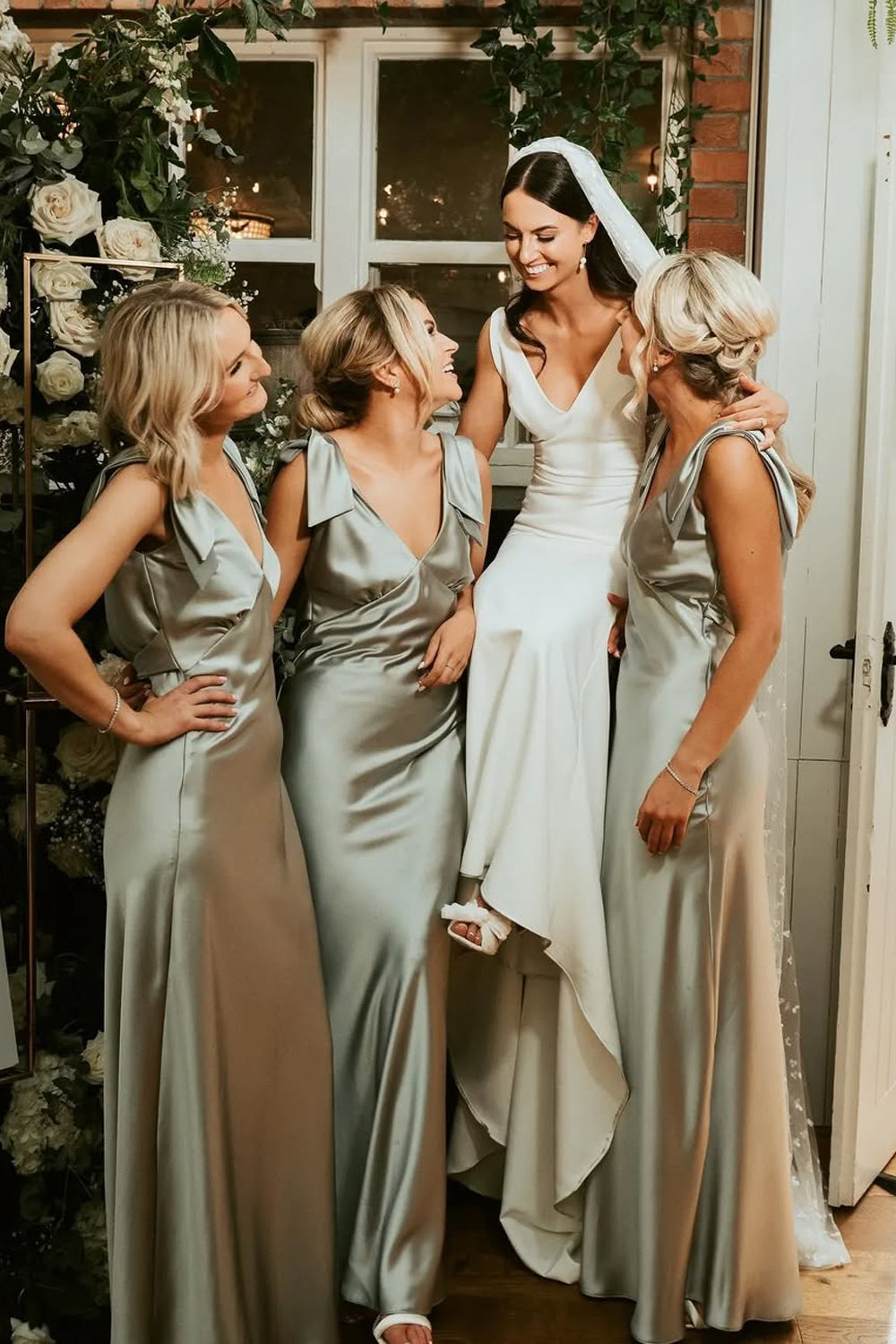 Hot 2025 Beach Sage Green Bridesmaid Dress V Neck with Bow Mychicdress