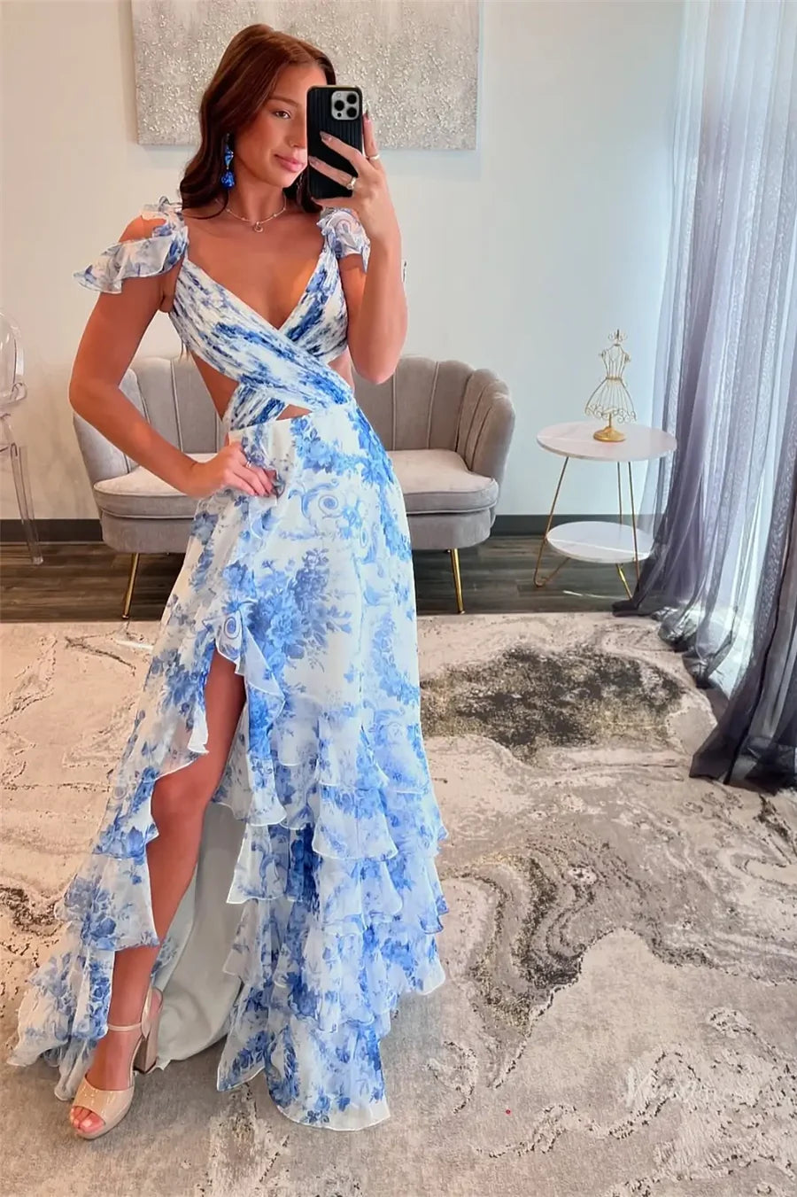 Blue Floral Printed Prom Dress Near Me V Neck Chiffon Long with Slit