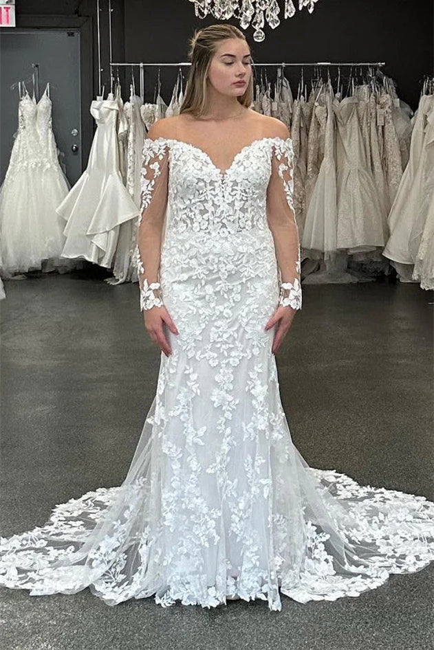 Modest Long Sleeves Wedding Dress Mermaid Off-The-Shoulder Sweetheart
