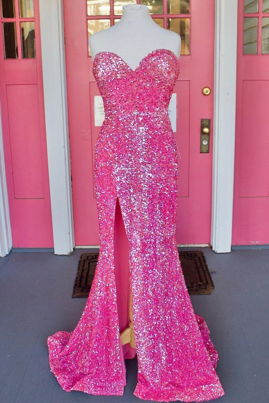 Hot Pink Long Prom Dress Sequin Mermaid Sweetheart