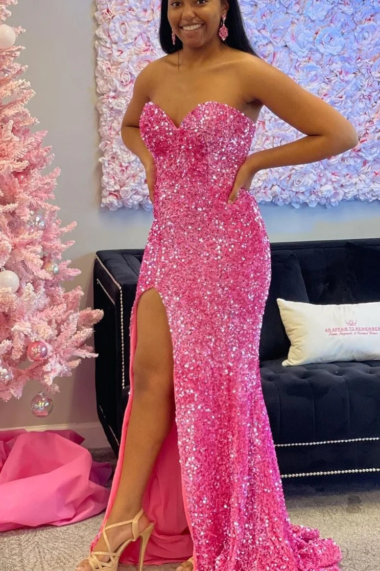 Hot Pink Long Prom Dress Sequin Mermaid Sweetheart