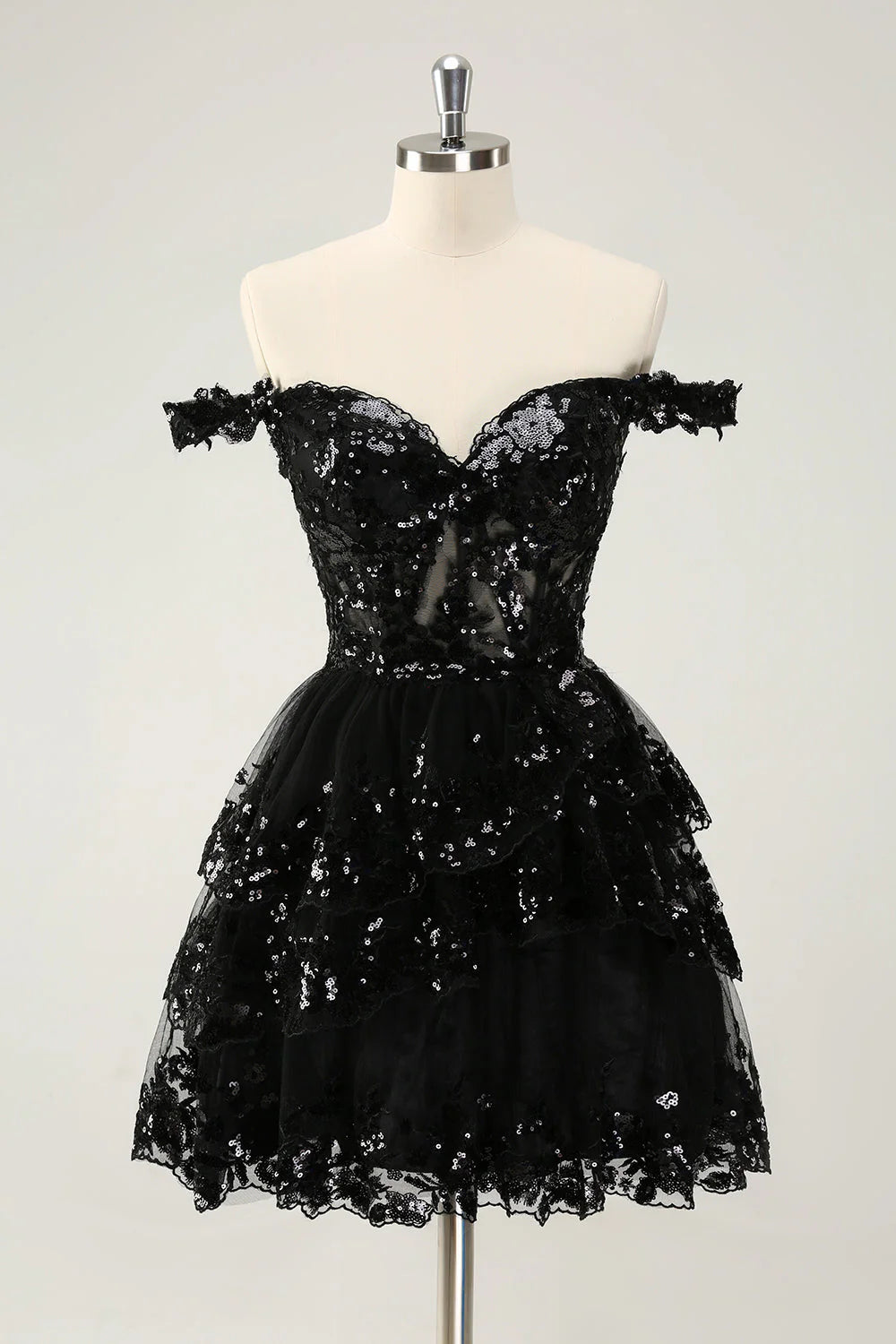 Black sequin off-shoulder Tulle Prom Dress Short Sheer Corset Bodice