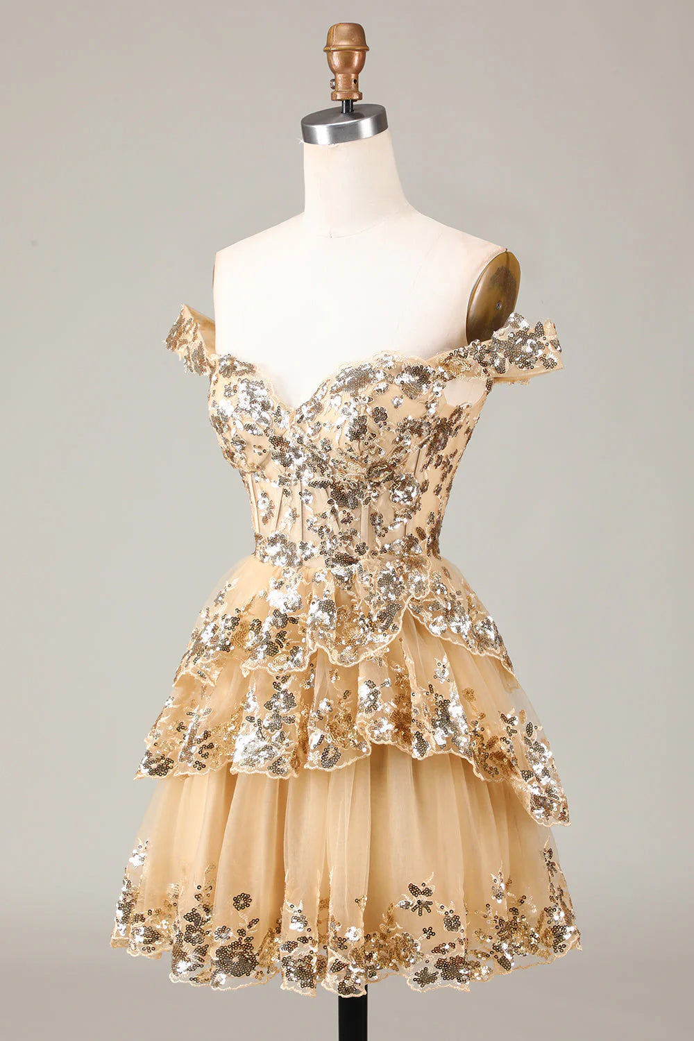 Hot Tulle Sequin gold Prom Dress Short Sheer Corset Bodice