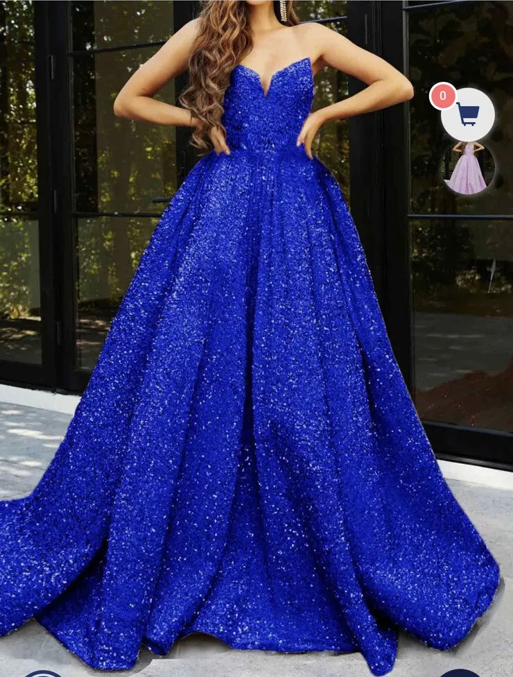 Blue sparkly evening gown Iridescent Sequin Prom Dresses Strapless Mermaid