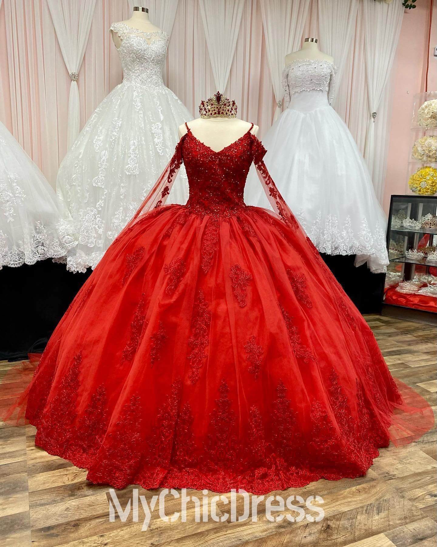 Lace Applique Red Ball Gown Quinceanera Dresses Off the Shoulder