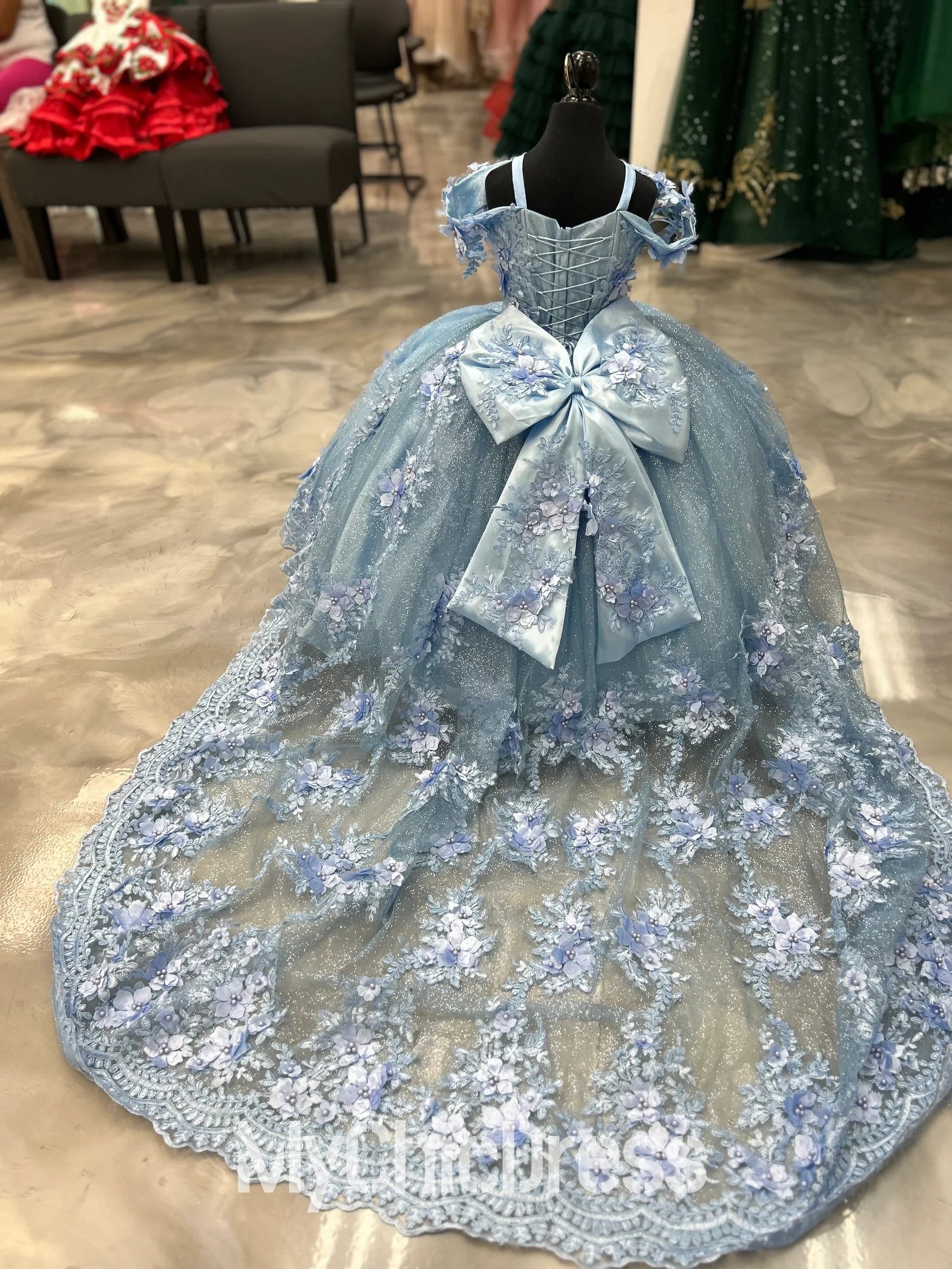 Lace Appliques Blue Mini Quinceanera Dress Little Princess with Flowers Mychicdress