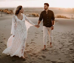 Lace Beach Wedding Dress Boho Deep V-Neck with Flare Sleeves